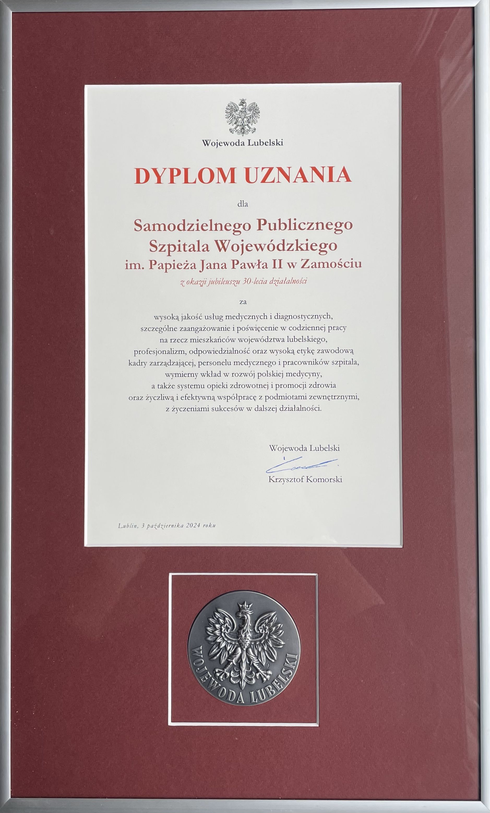 Wyróżnienie - Wojewoda Lubelski - Pana Krzysztof Komorski