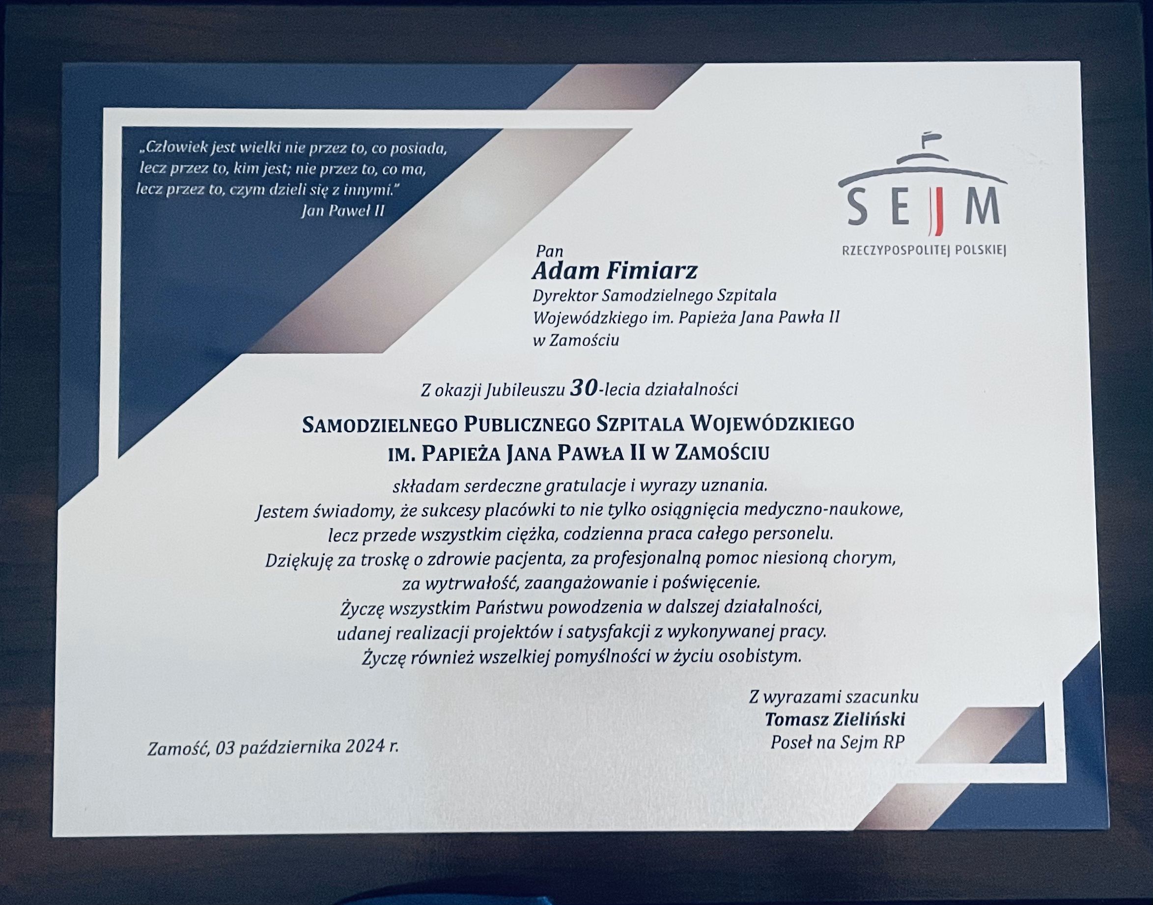 Wyróżnienie - Poseł na Sejm RP – Tomasz Zieliński