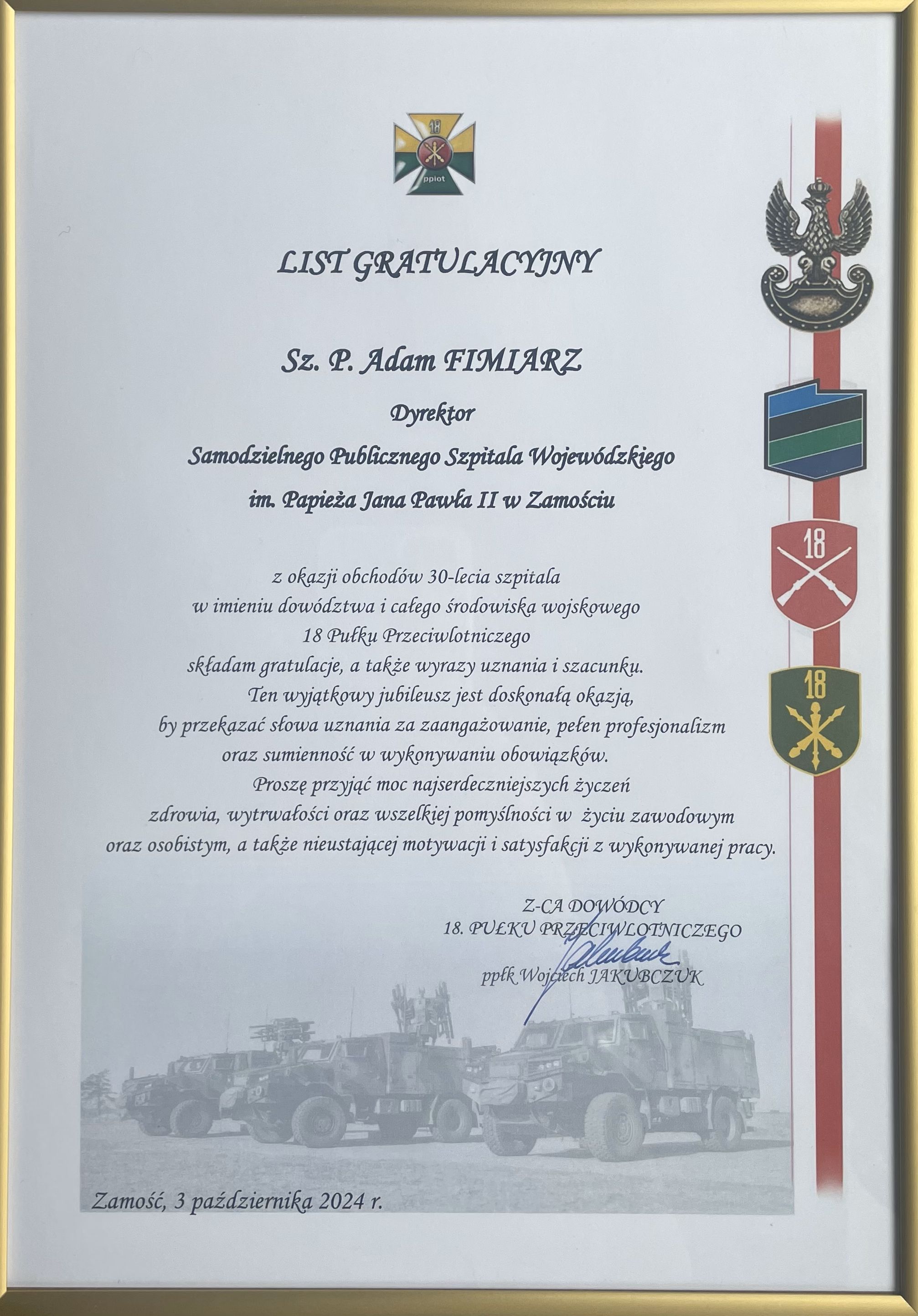 Wyróżnienie - Z-ca Dowódcy 18 Pułku Przeciwlotniczego – ppłk Wojciech Jakubczak