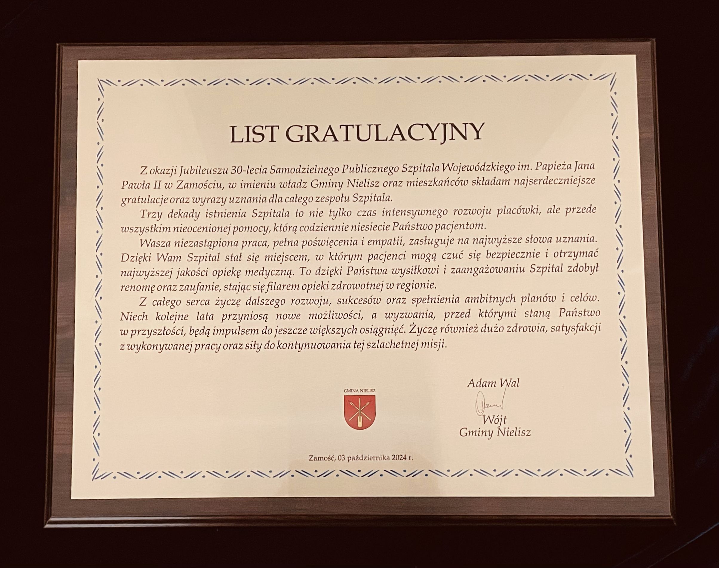Wyróżnienie- Wójt Gminy Nielisz – Adam Wal