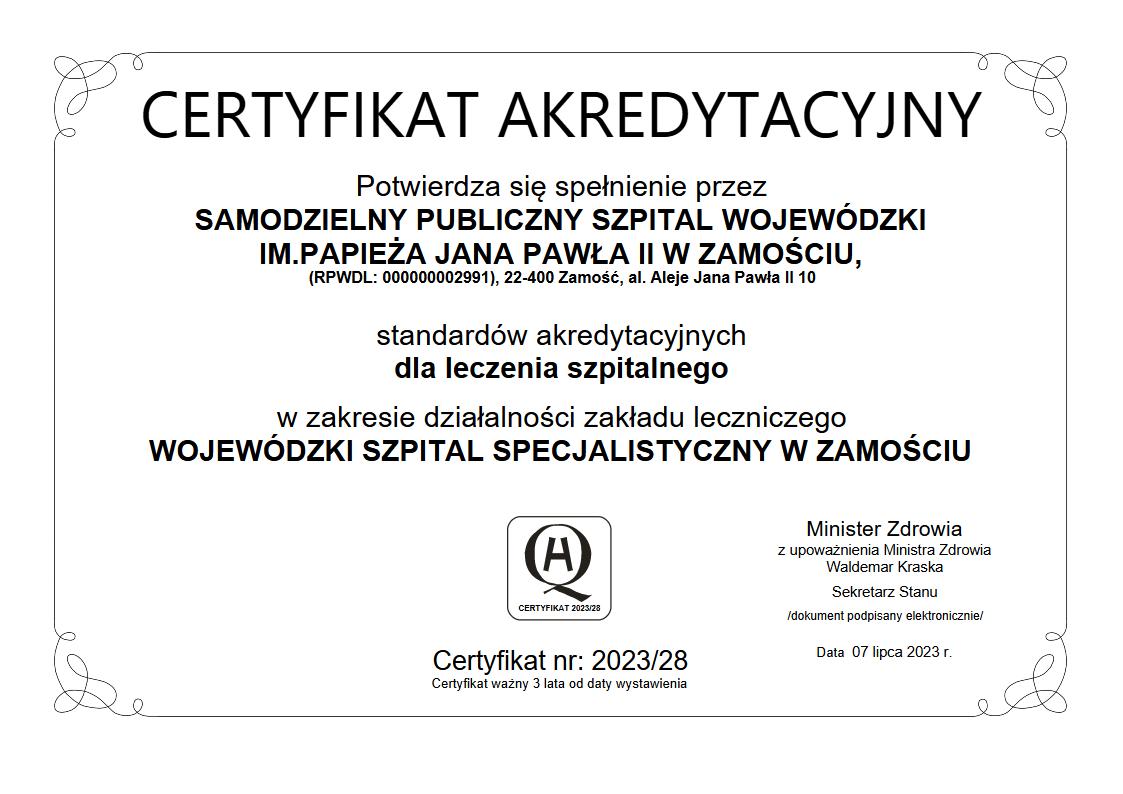 Certyfikat akredytacyjny Szpitala 2023