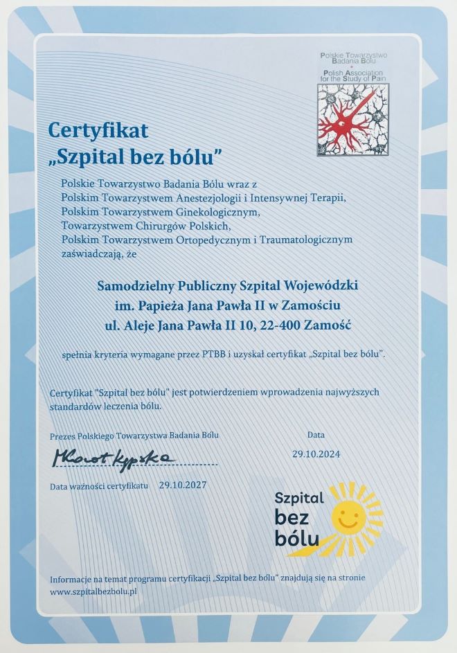 Certyfikat Szpitala 'Szpital bez bólu'